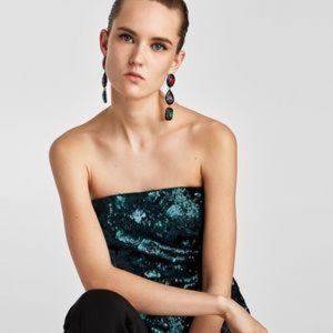 ZARA Sequin Strapless Tube Top XS NEW Blue Green